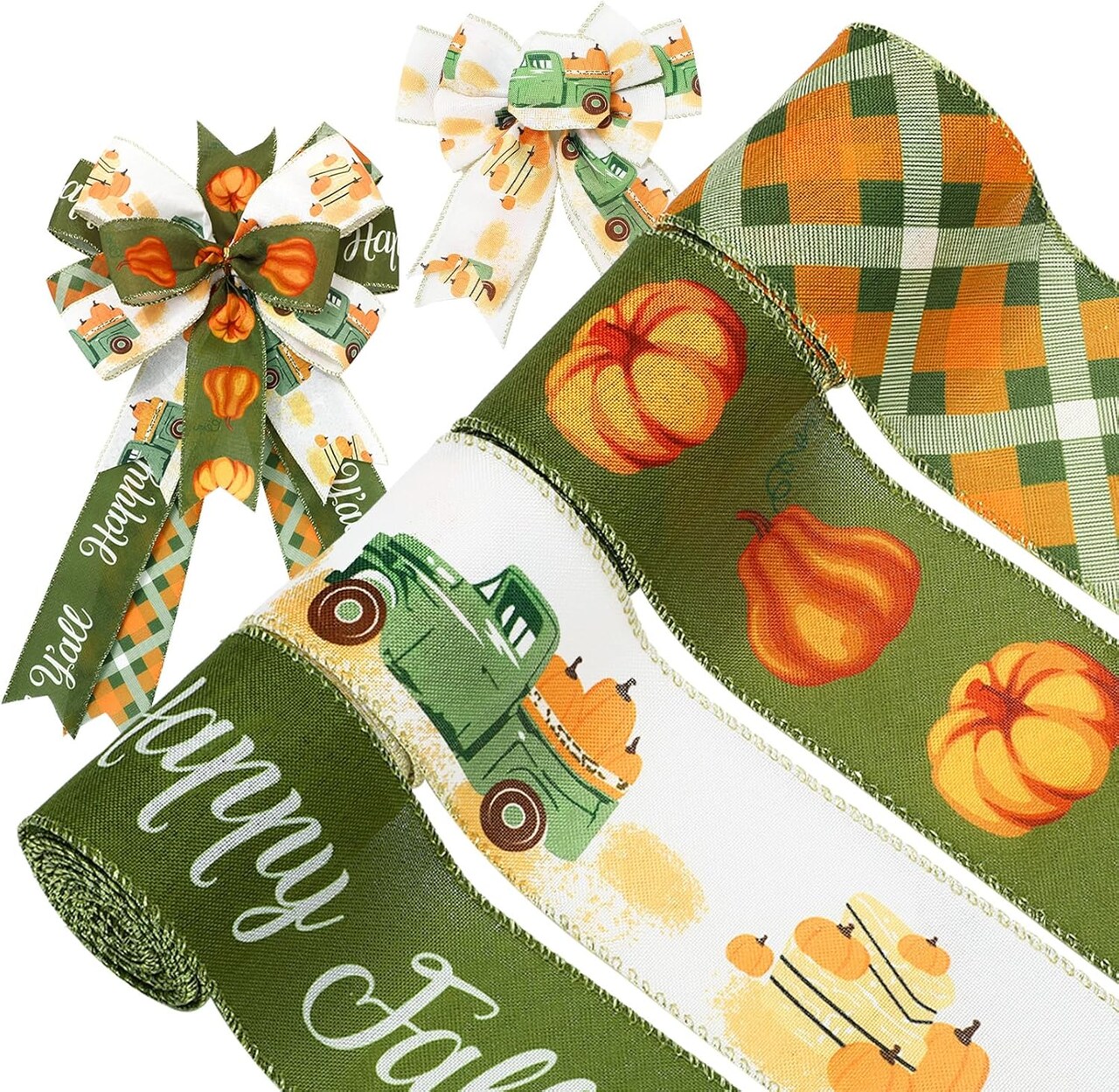 4 Rolls Fall Wired Edge Ribbon, 2.5 Inch x 6 Yards Each – 24 Yards Total, Green Autumn Pumpkin Truck Plaid Ribbon for DIY Wreaths, Bows, Gift Wrap, Farmhouse Thanksgiving & Harvest Decor (Green)